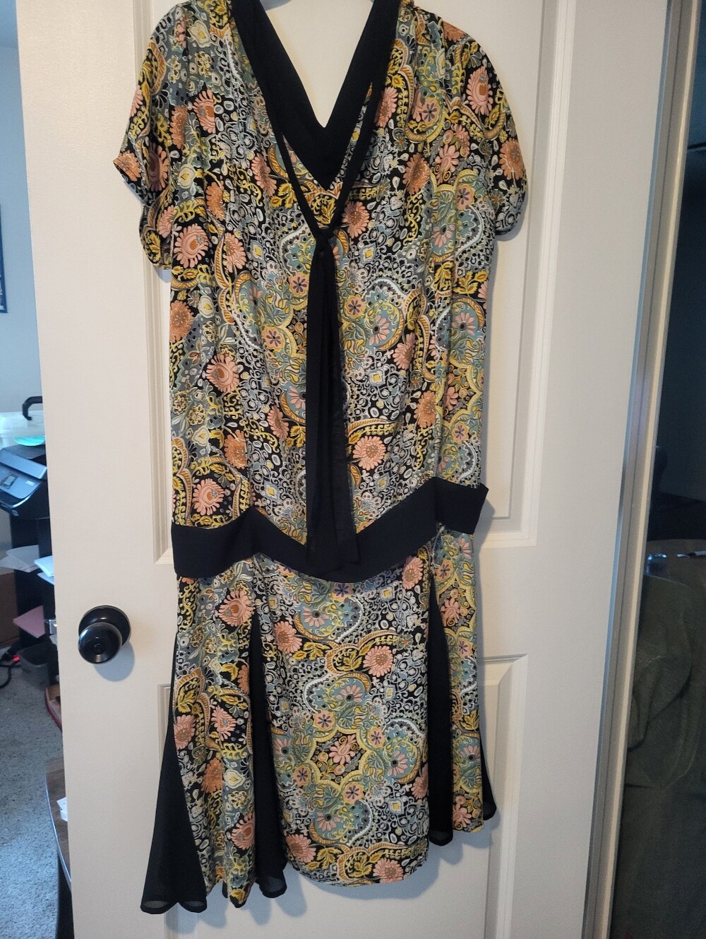 1920s Style Black-Trimmed Multicolor Paisley Midi Dress
